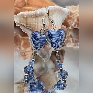 Stunning Handmade Hans Blown Blue Glass Heart Dangle Earrings